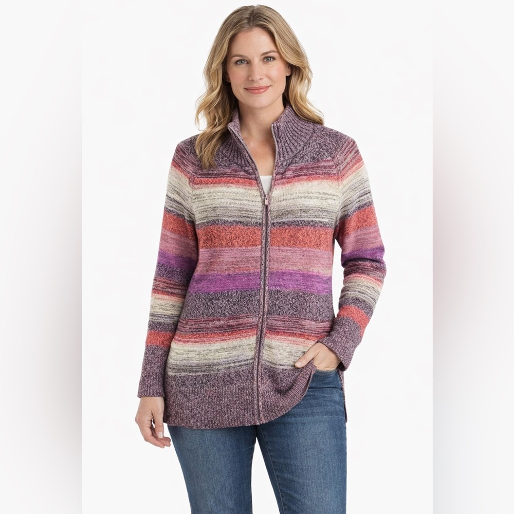 Eddie Bauer Women's Sz L Multicolor Stripe 100% Cotton Full Zip Cardigan Sweater